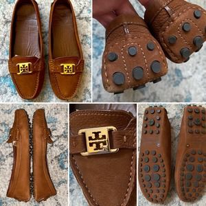 Tory Burch Tan Leather Loafers with Gold Emblem